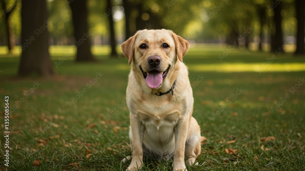 Yellow Labrador Retriever sitting park on grass. Peaceful scene evokes loyalty, companionship, wellbeing. Dog symbolizes friendship, relaxation. Outdoors, daytime. Yellow Labrador Retriever sitting park on grass. Peaceful scene evokes loyalty, companionship, wellbeing. Dog symbolizes friendship, relaxation. Outdoors, daytime.
