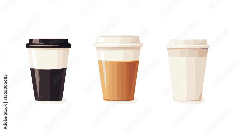 Stylish illustration of modern coffee cups with different beverages in a casual setting Stylish illustration of modern coffee cups with different beverages in a casual setting