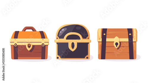 Colorful set of treasure chests designed in modern illustration style for gaming and adventure themes