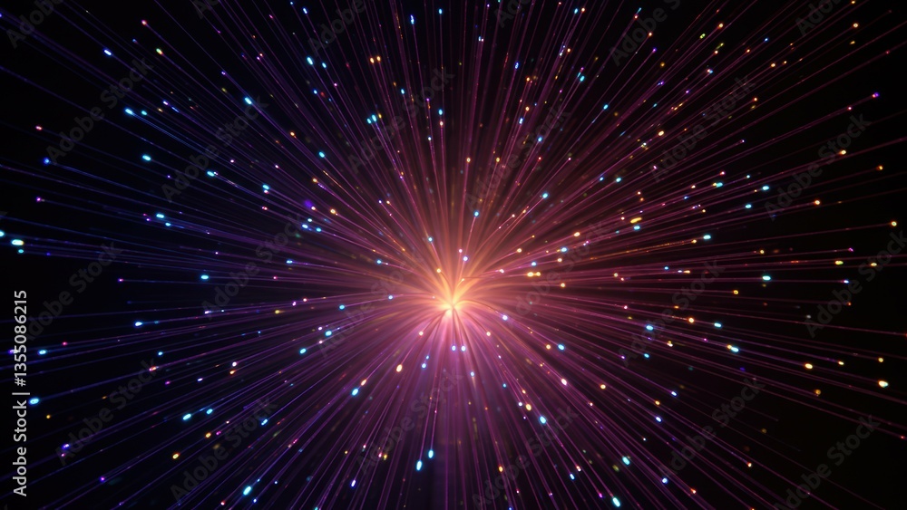 Naklejka premium Fiber optic cables radiating outwards. Technology showcases telecommunication, data transmission, networks, bright convergence, modern science, connection.