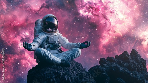 An astronaut is seated in a yoga pose on a rocky surface, surrounded by a cosmic landscape filled with vibrant nebula colors. The image portrays a mix of tranquility, exploration, and the unknown.. AI