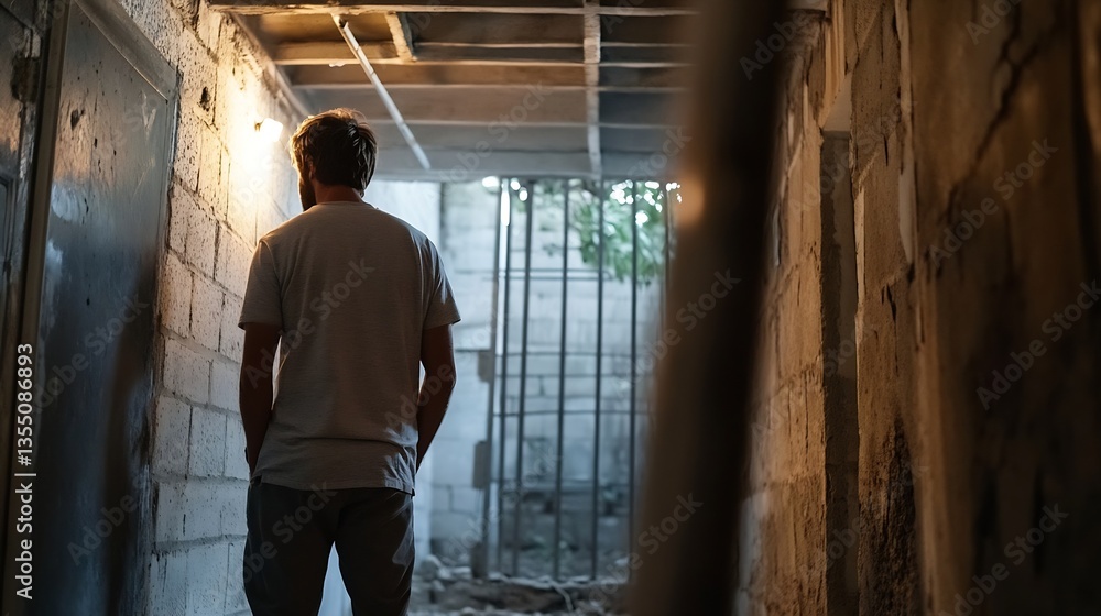 Man Standing in a Dimly Lit Hallway Reflecting on Life Choices and Paths : Generative AI Man Standing in a Dimly Lit Hallway Reflecting on Life Choices and Paths : Generative AI