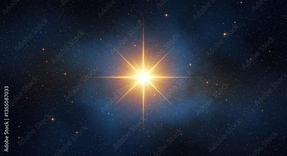Obraz premium Celestial Radiance: A Bright Star in the Night Sky - A single bright star shines brilliantly against a deep blue night sky, surrounded by countless smaller stars, symbolizing hope, guidance, wonder