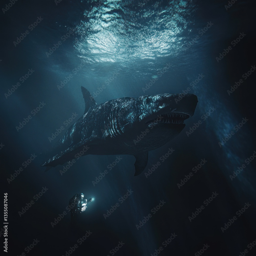 Fototapeta premium Massive shark in the deep sea. Sunlight beams through the water