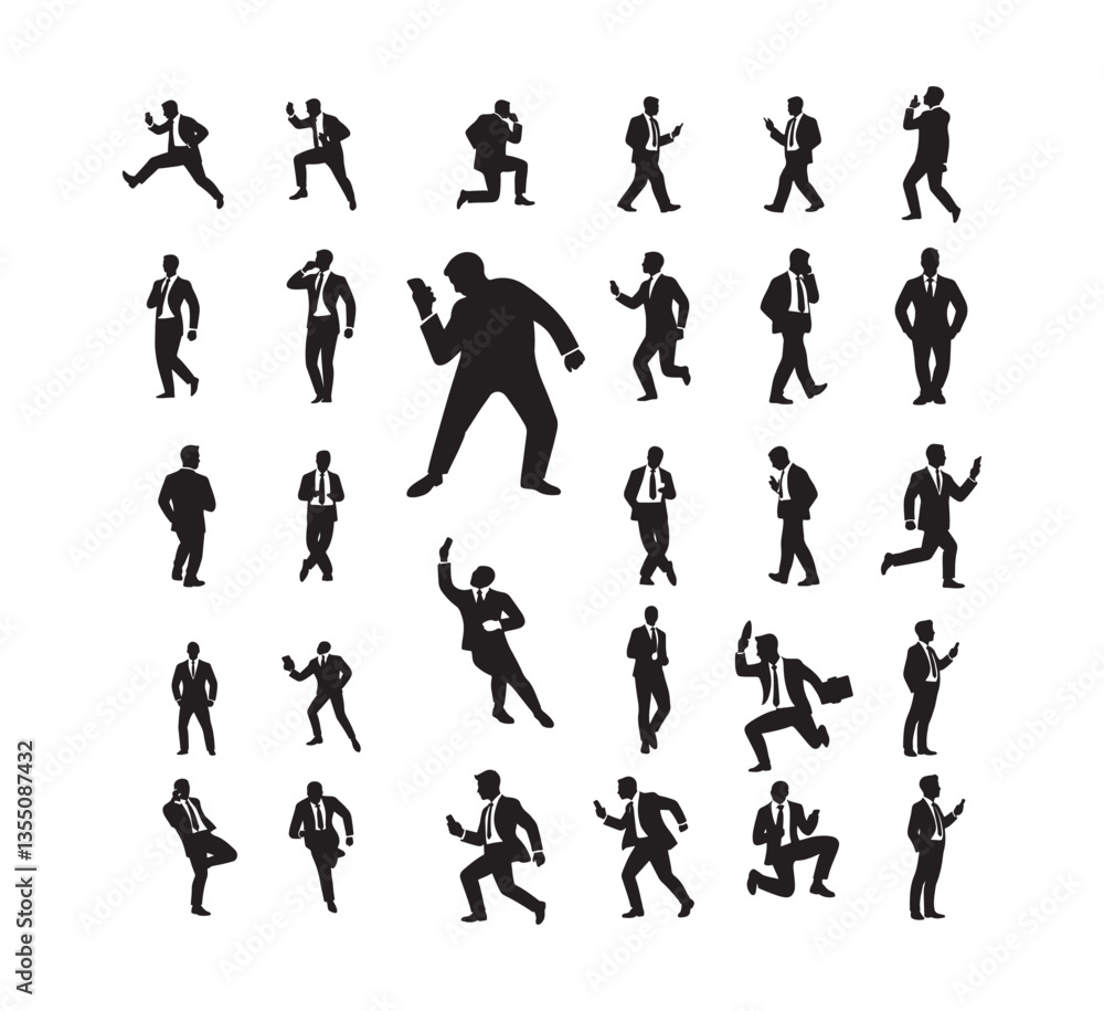 Set of business people silhouettes in action including running, football, and sports competition icons Set of business people silhouettes in action including running, football, and sports competition icons