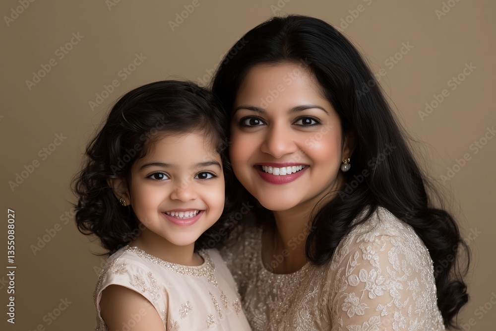 A smiling mother and daughter are posing closely, mother is wearing lace dress A smiling mother and daughter are posing closely, mother is wearing lace dress