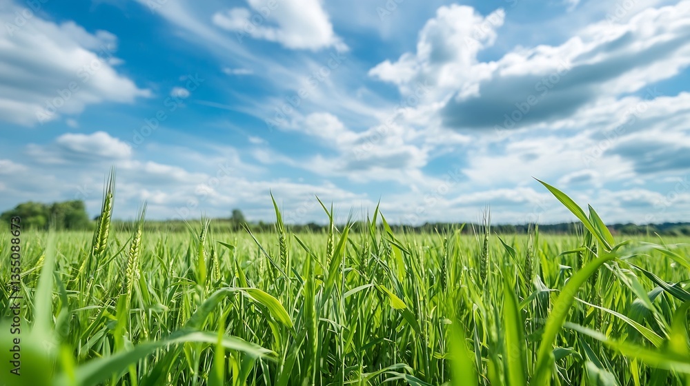 Fototapeta premium Lush green grass field under an expansive blue sky with fluffy clouds in summer : Generative AI