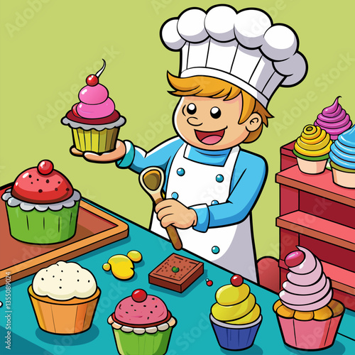 Happy chef prepares colorful cupcakes.