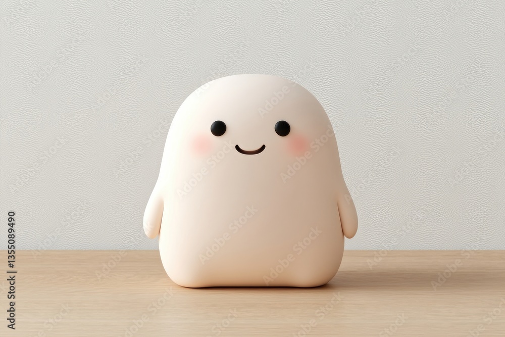 Cute, light beige, smiling blob figure on a light wood surface Cute, light beige, smiling blob figure on a light wood surface