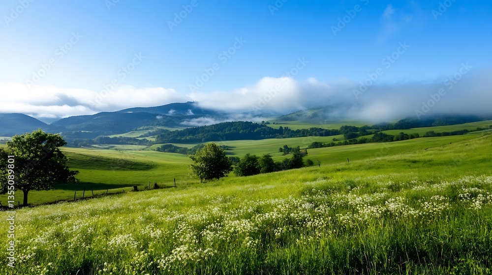 Lush green landscape with rolling hills trees and misty mountains under a clear blue sky : Generative AI Lush green landscape with rolling hills trees and misty mountains under a clear blue sky : Generative AI