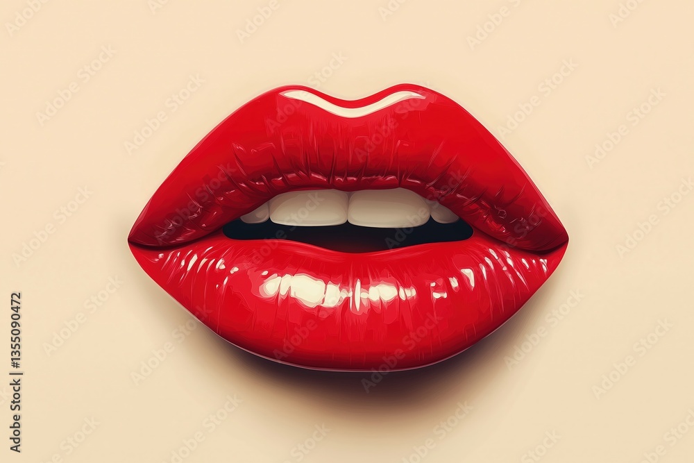 A close-up of a pair of glossy red lips with visible white teeth against a beige background. A close-up of a pair of glossy red lips with visible white teeth against a beige background.