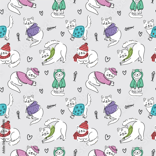 Vector seamless pattern from a collection of cats in clothes, hand drawn in doodle style