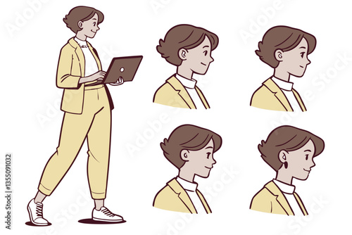 34 Character design, business woman, yellow pantsuit, short brown hair, laptop, professional, flat illustration, vector art, character turnaround, body parts, facial expressions, various poses, minima