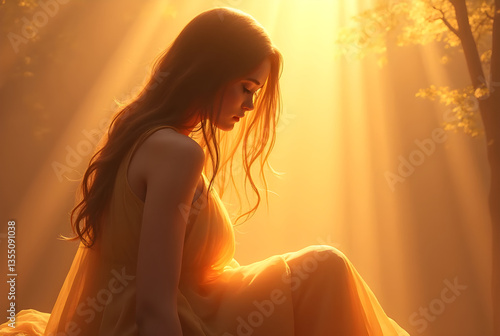 Beautiful woman wearing elegant dress enjoying golden sunlight in forest