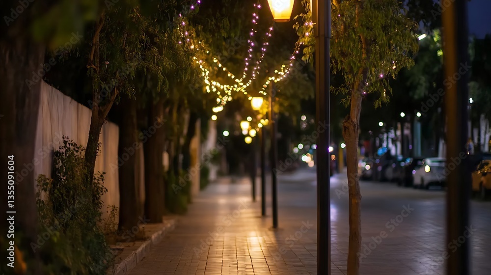 Charming city street illuminated by warm lights creating a cozy evening atmosphere : Generative AI Charming city street illuminated by warm lights creating a cozy evening atmosphere : Generative AI