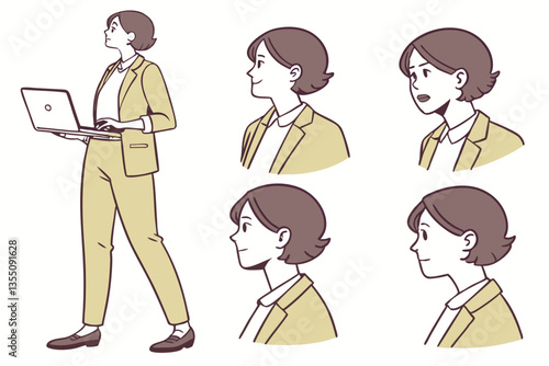 34 Character design, business woman, yellow pantsuit, short brown hair, laptop, professional, flat illustration, vector art, character turnaround, body parts, facial expressions, various poses, minima
