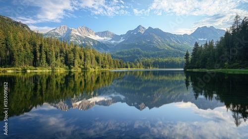 A calm lake reflects the mountains and trees above it