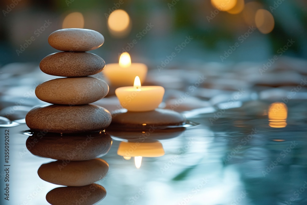 Obraz premium Stack of stone balancing on water surface with light candle, creating a serene ambiance.