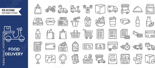 Food Delivery icons set in line style. Order food, restaurant, fast food, scooter, deliver, take away and more. Vector illustration
