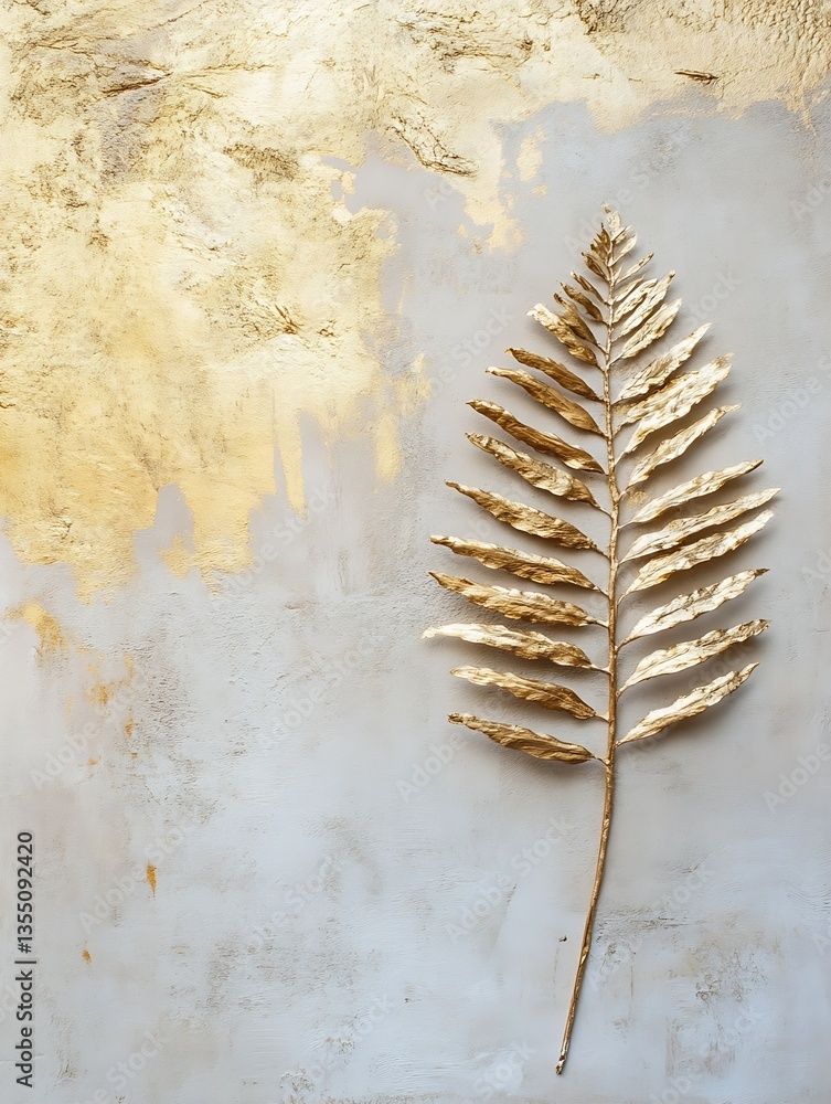 Obraz premium Elegant golden fern leaf against a textured golden and grey background creating a striking visual contrast : Generative AI