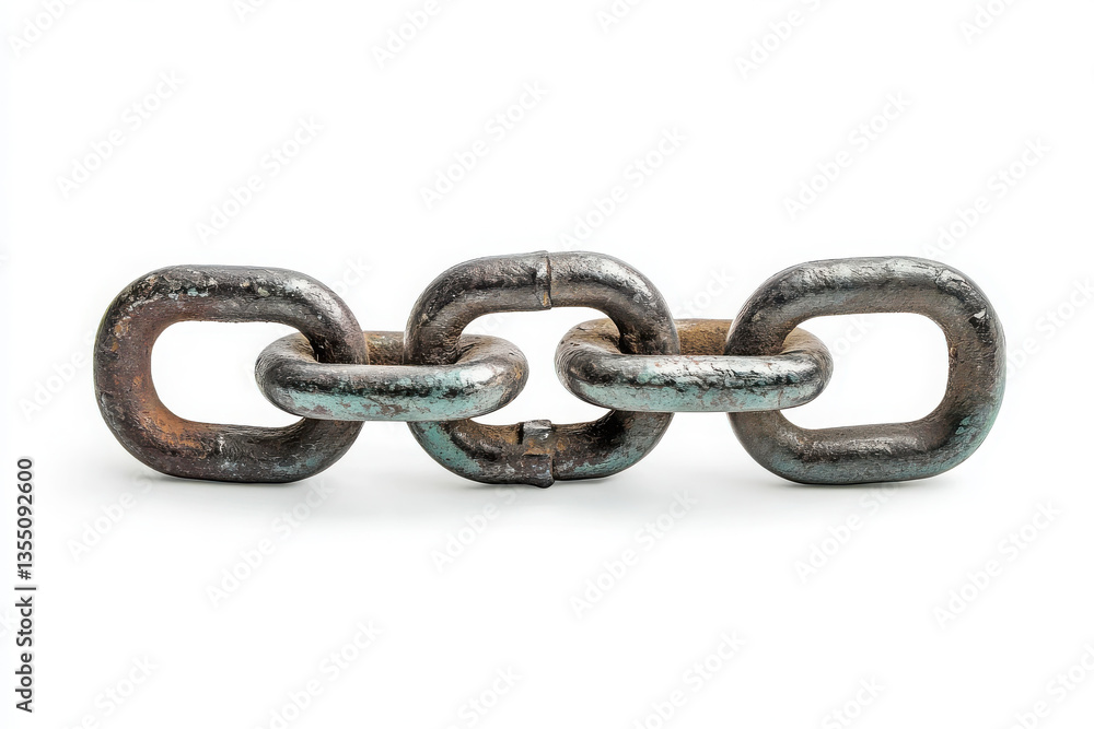Three Interlocked Metal Chain Links Showing Corrosion and Wear on a White Background Three Interlocked Metal Chain Links Showing Corrosion and Wear on a White Background