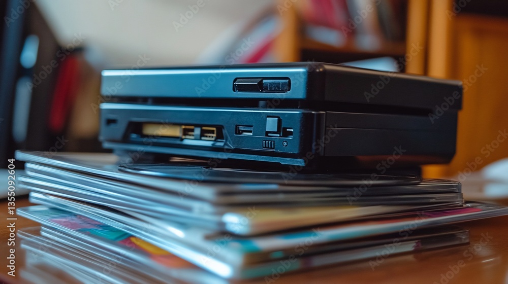 Retro Gaming Console Stacked on CDs Retro Gaming Console Stacked on CDs