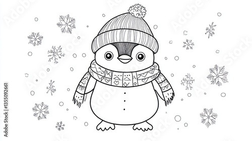 Cute penguin coloring page winter scene