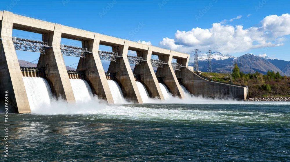 Concrete Dam and Water Cascade in Mountainous Landscape Concrete Dam and Water Cascade in Mountainous Landscape