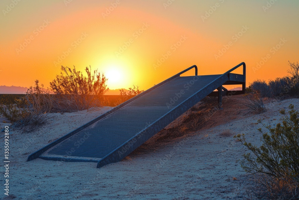 Fototapeta premium Metal ramp at sunset in a desert landscape, bathed in warm golden light.