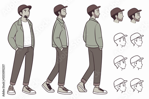 35 Character design, male figure, different poses, front view, side view, back view, olive green jacket, white t-shirt, brown pants, sneakers, casual outfit, body parts, hands, feet, facial expression