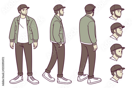 35 Character design, male figure, different poses, front view, side view, back view, olive green jacket, white t-shirt, brown pants, sneakers, casual outfit, body parts, hands, feet, facial expression