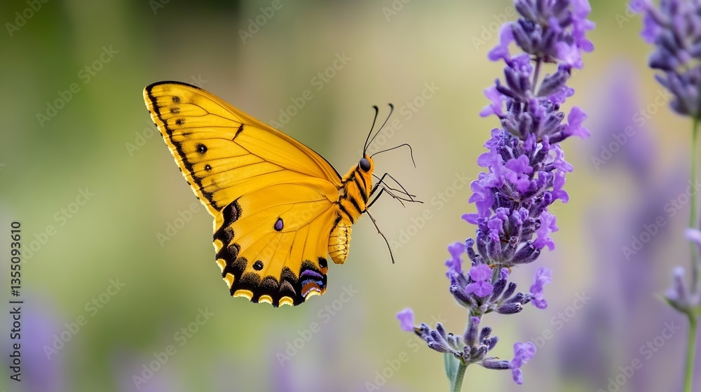 Obraz premium Beautiful butterfly perched on lavender flowers in bright sunlight with blurred background : Generative AI