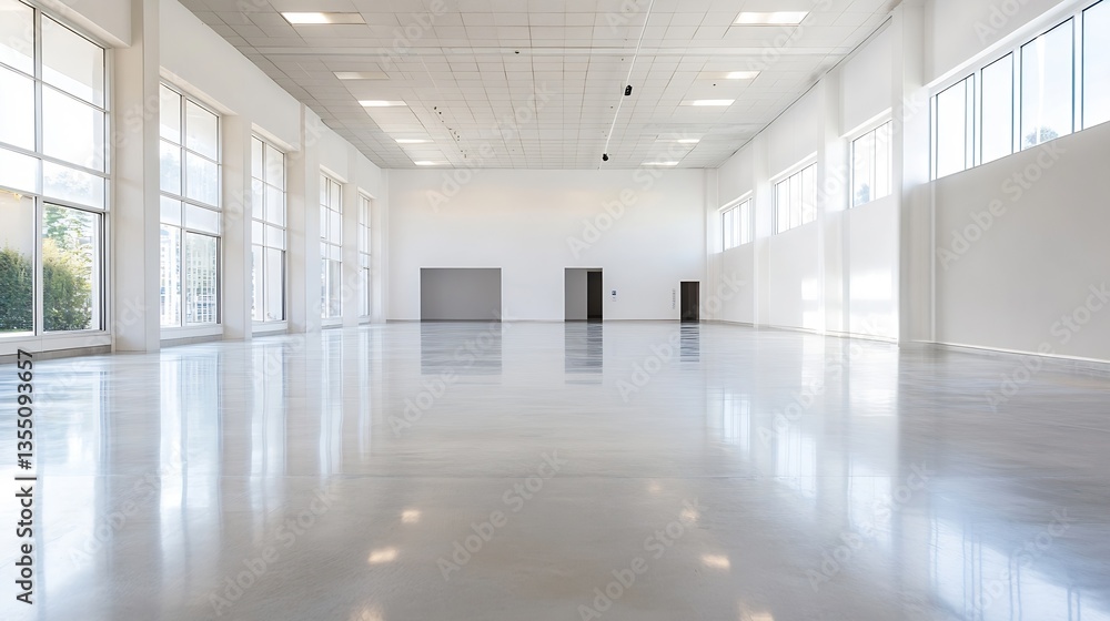 Wide open space showcasing a modern clean interior with polished concrete floors and large windows for natural light : Generative AI Wide open space showcasing a modern clean interior with polished concrete floors and large windows for natural light : Generative AI