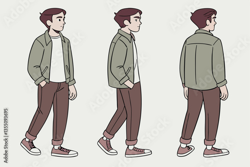 35 Character design, male figure, different poses, front view, side view, back view, olive green jacket, white t-shirt, brown pants, sneakers, casual outfit, body parts, hands, feet, facial expression
