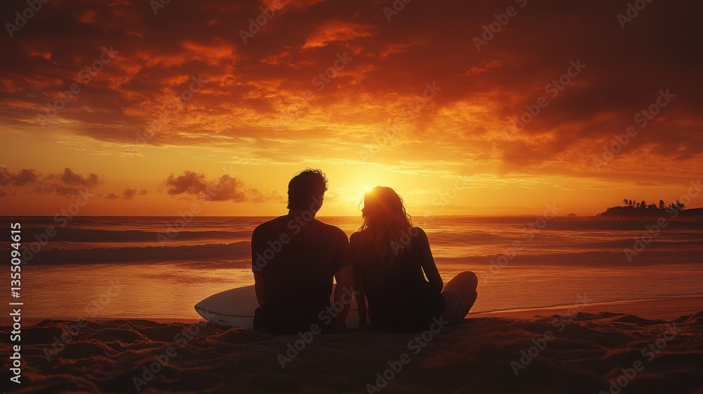 Couple sitting on the sand leaning against their surfboard watching the sunset together intimate and peaceful beach romance Couple sitting on the sand leaning against their surfboard watching the sunset together intimate and peaceful beach romance