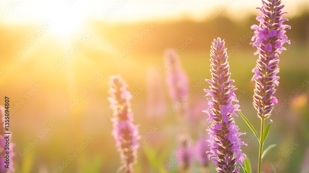 Obraz premium Vibrant wildflowers blooming under the golden rays of sunlight creating a dreamy and enchanting atmosphere : Generative AI