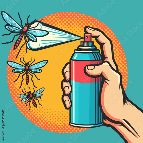 Hand spraying insect repellent on mosquitoes in pop art style, colored vector