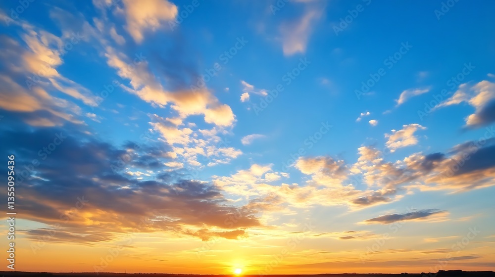 Fototapeta premium Stunning sunset over a vast landscape with vibrant clouds and golden sunlight illuminating the horizon : Generative AI