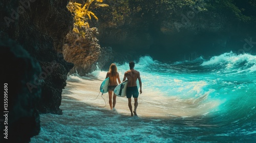 Couple walking along a hidden surf spot carrying a surfboard surrounded by lush cliffs and turquoise waves secret paradise discovered
