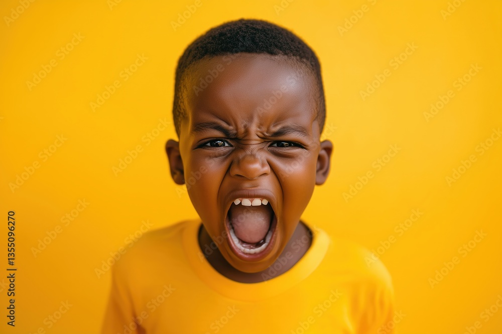 A Boy Screaming Loudly with Aggressive Facial Expression and Open Mouth on Yellow Background A Boy Screaming Loudly with Aggressive Facial Expression and Open Mouth on Yellow Background