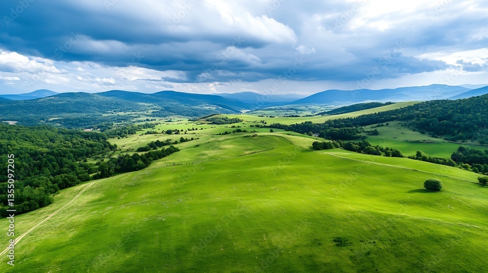 Panoramic view of expansive green hills and clouds above mountainous terrain under a bright sky : Generative AI Panoramic view of expansive green hills and clouds above mountainous terrain under a bright sky : Generative AI