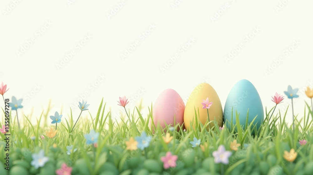 Easter eggs and spring flowers in a pastel scene Easter eggs and spring flowers in a pastel scene