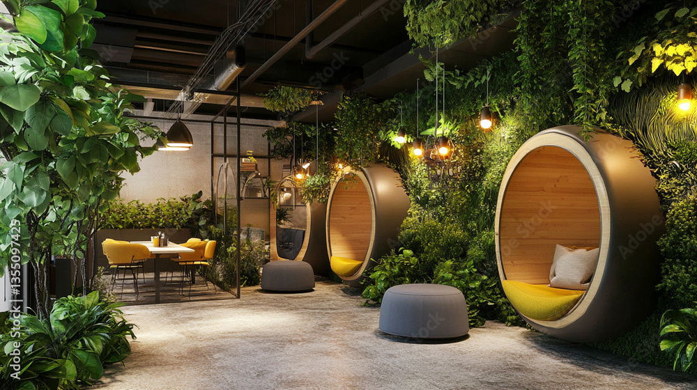 Naklejka premium Modern indoor workspace featuring circular seating surrounded by lush greenery and ambient lighting