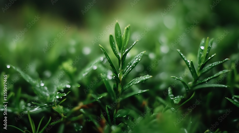 Obraz premium Closeup of lush green moss and small plant life glistening with drops of water after a refreshing rain : Generative AI