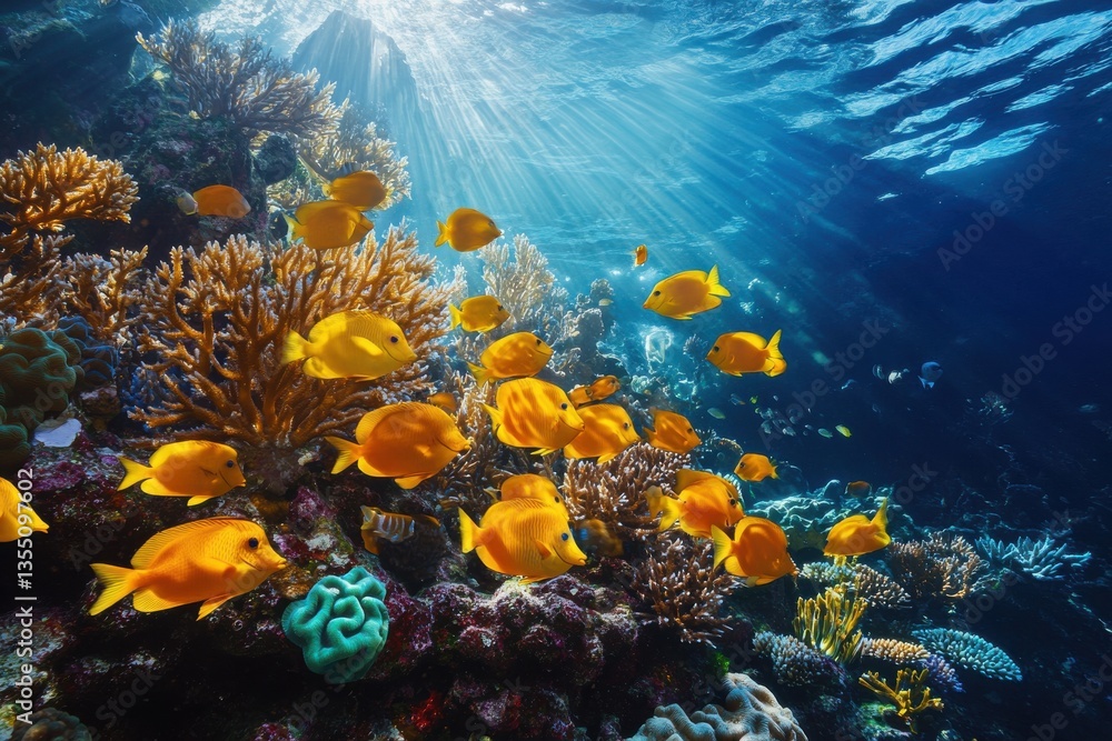 Obraz premium Underwater scene of colorful fish swimming around coral reefs in a vibrant marine ecosystem setting view