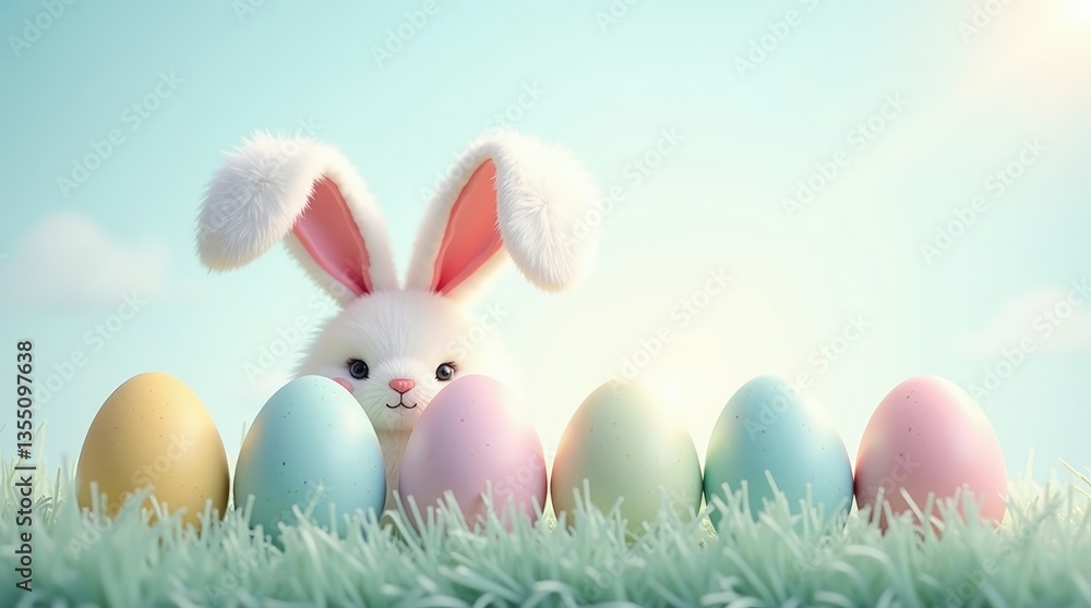 Fototapeta premium Easter Bunny and Colorful Eggs in the Grass
