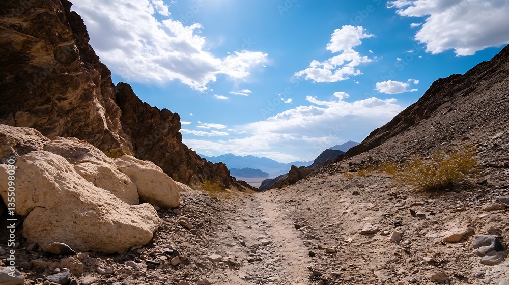 Obraz premium A breathtaking view of a rocky mountain path under a bright blue sky with clouds : Generative AI