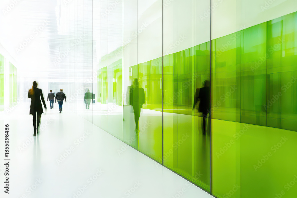 Fototapeta premium Blurred office interior with green glass wall and people walking