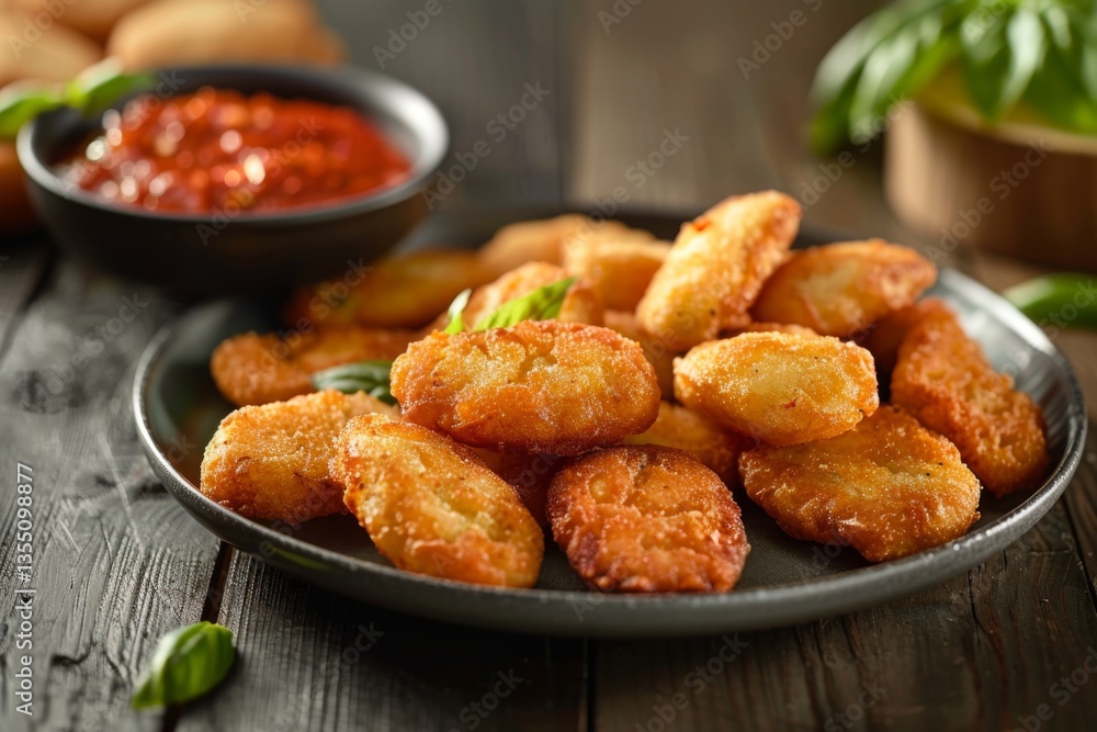 Fried bean cakes arranged on a plate with a side of chili sauce Fried bean cakes arranged on a plate with a side of chili sauce