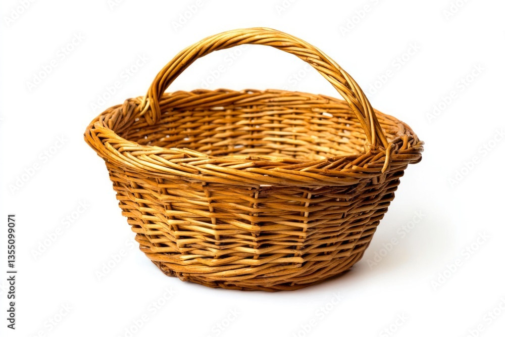 Obraz premium Empty Wicker Basket with Handle Isolated on White Background Studio Shot